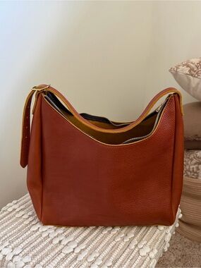 Portland Leather Rust Brown Shoulder Hobo with Yellow Trim